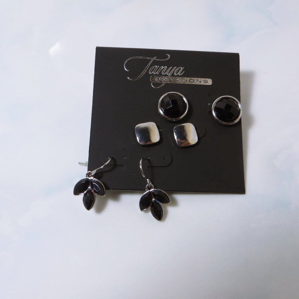 Nwt 3 Piece Set Black Onyx Enamel & Silver Plated Earring By Tanya Creations